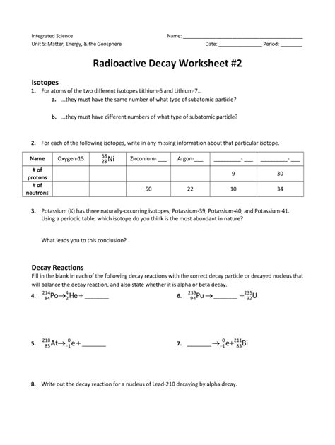 predicting radioactive decay worksheet answers